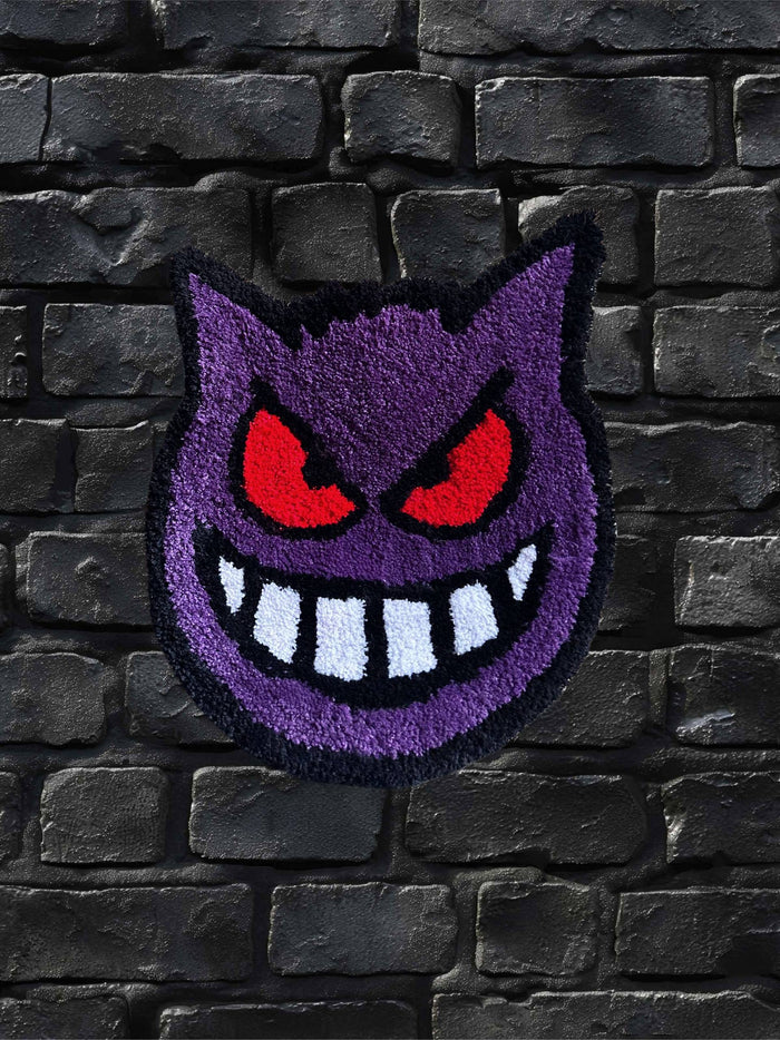 Hand-tufted Pokémon Gengar rug in purple with red eyes, 30x35 cm, handmade in Spain by VTTTF